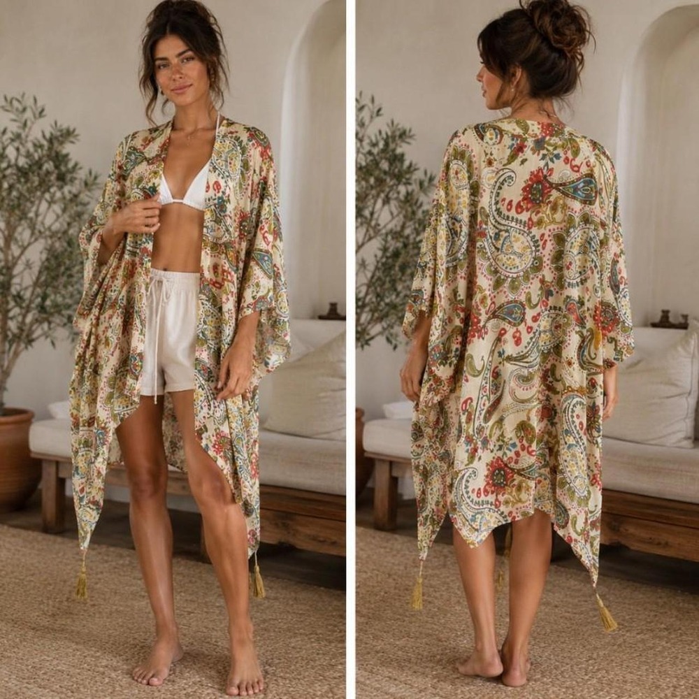 Amanda Blu Womens One Size Paisley Open Front Kimono Wrap Tassel Hem Cream Multi